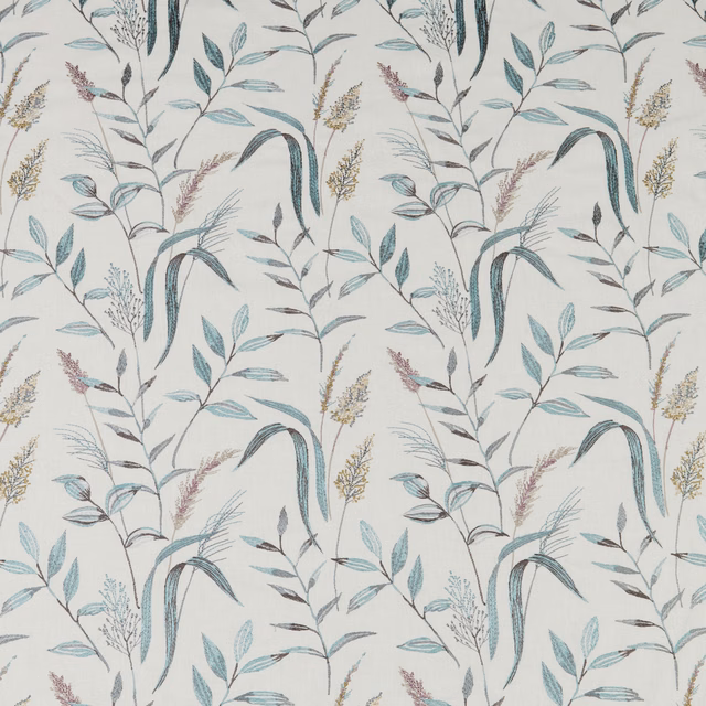 Botanical cotton fabric with cornflower blue stems and pale leafy sprigs on an ivory ground