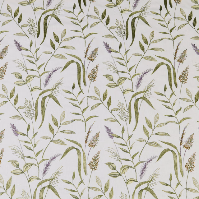 Botanical cotton fabric with eucalyptus green leaves and lilac sprigs on a pale ground