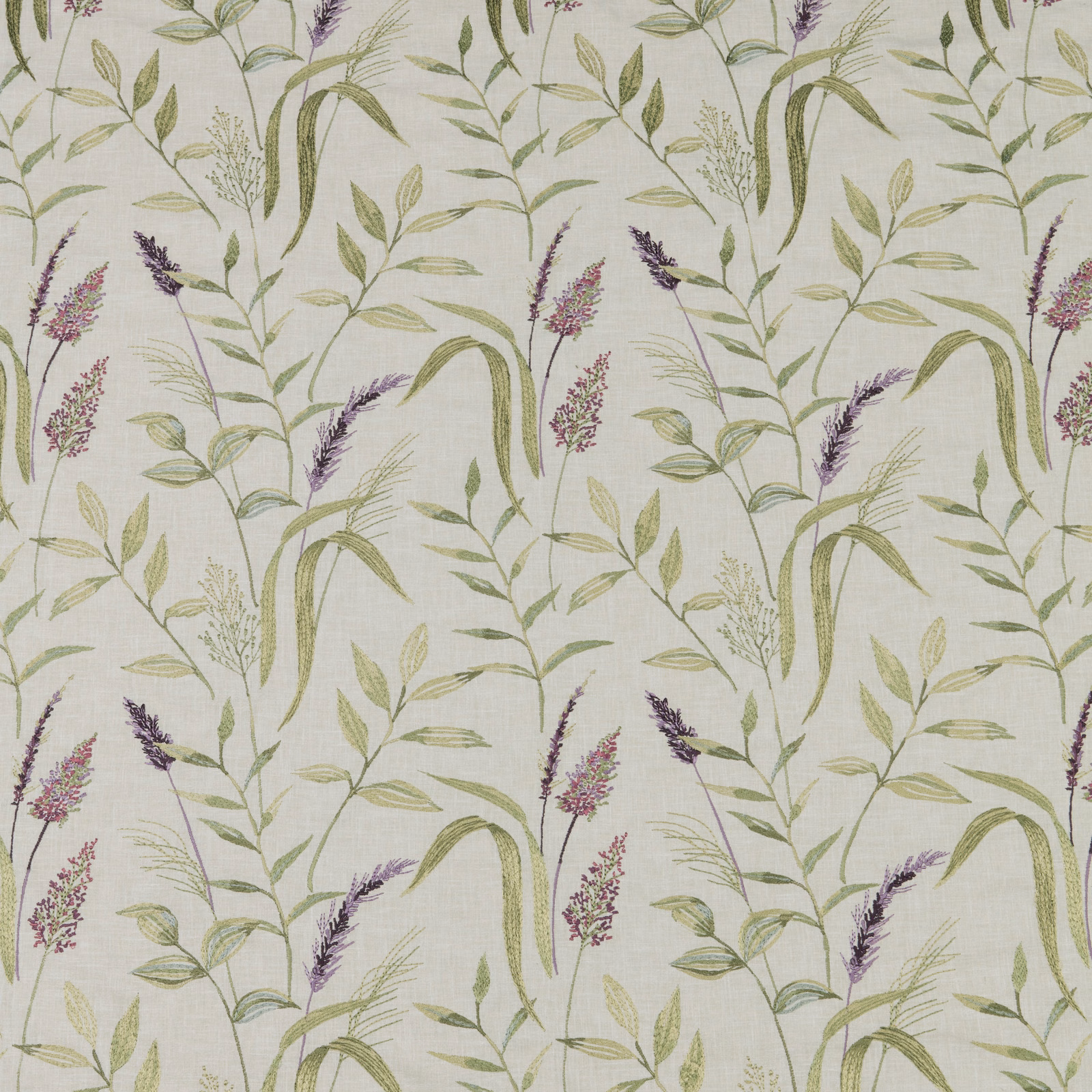 Ivory cotton fabric with lavender meadow flowers and sage green leaves