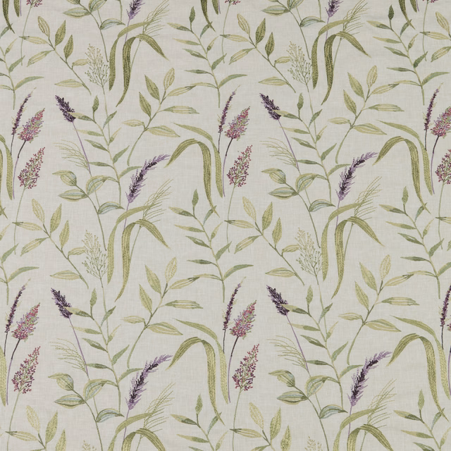Ivory cotton fabric with lavender meadow flowers and sage green leaves