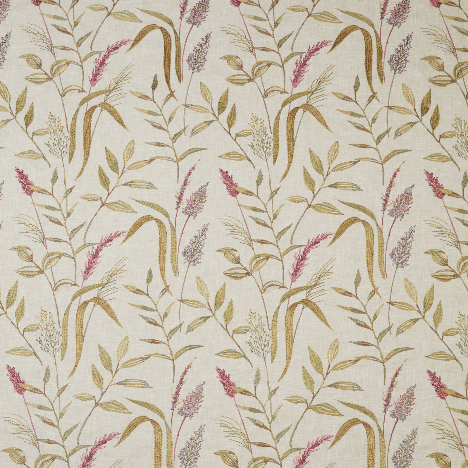 Cream cotton fabric with olive and rosewood botanical stems and leaves
