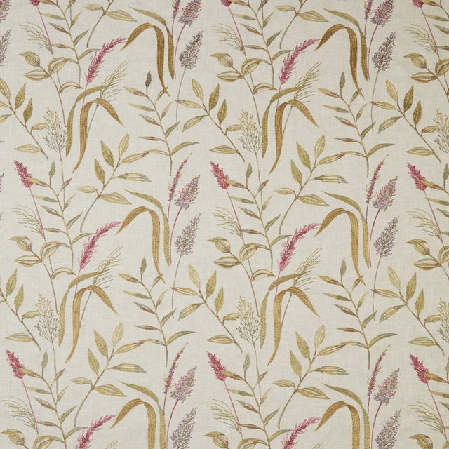 Cream cotton fabric with olive and rosewood botanical stems and leaves