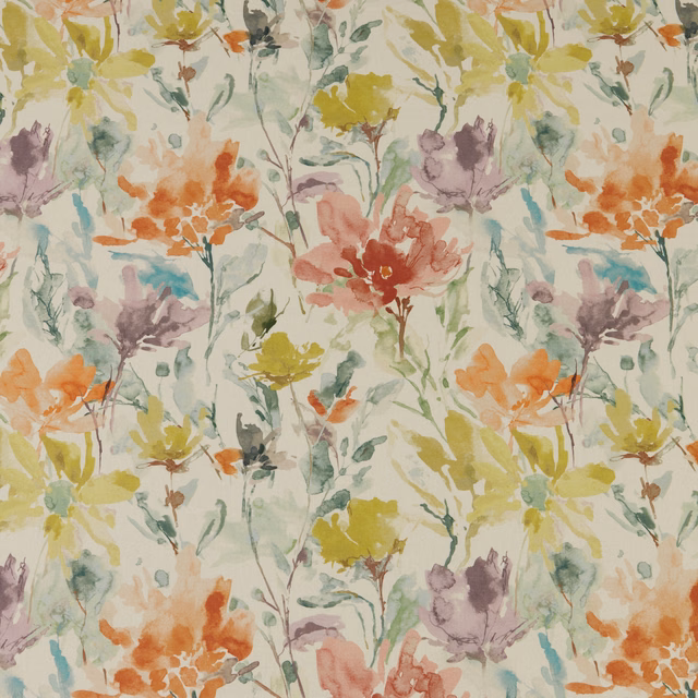 Painterly floral cotton fabric with cream ground, orange, pink, sage and lilac blooms