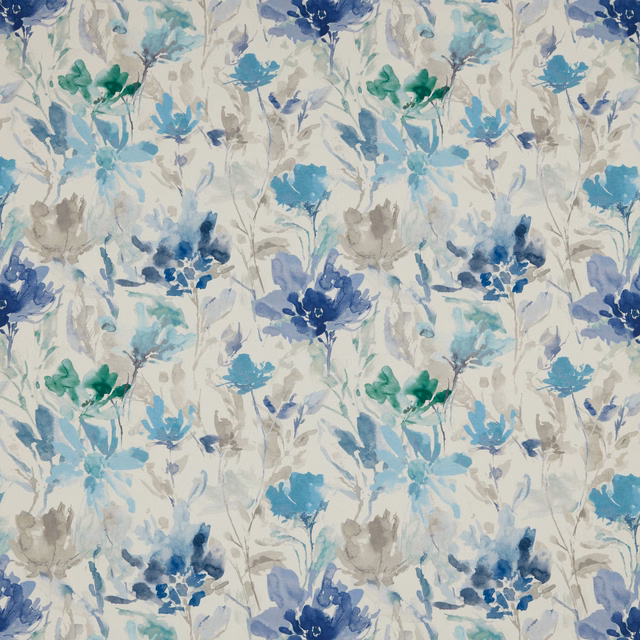 Painterly cobalt, aqua and grey floral cotton on an ivory ground