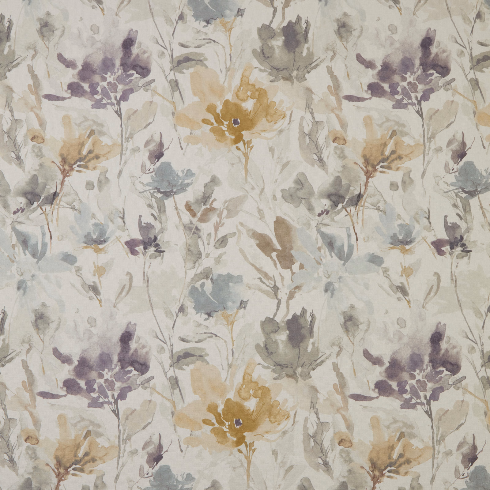 Painterly floral cotton fabric with cornflower blue, lilac and sage blooms on ivory
