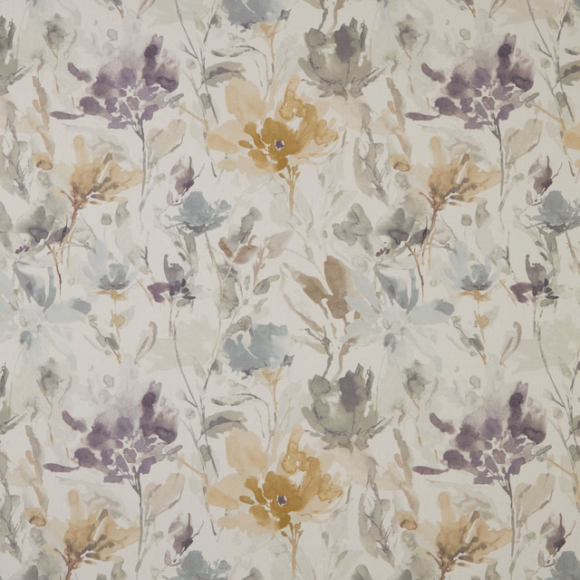 Painterly floral cotton fabric with cornflower blue, lilac and sage blooms on ivory
