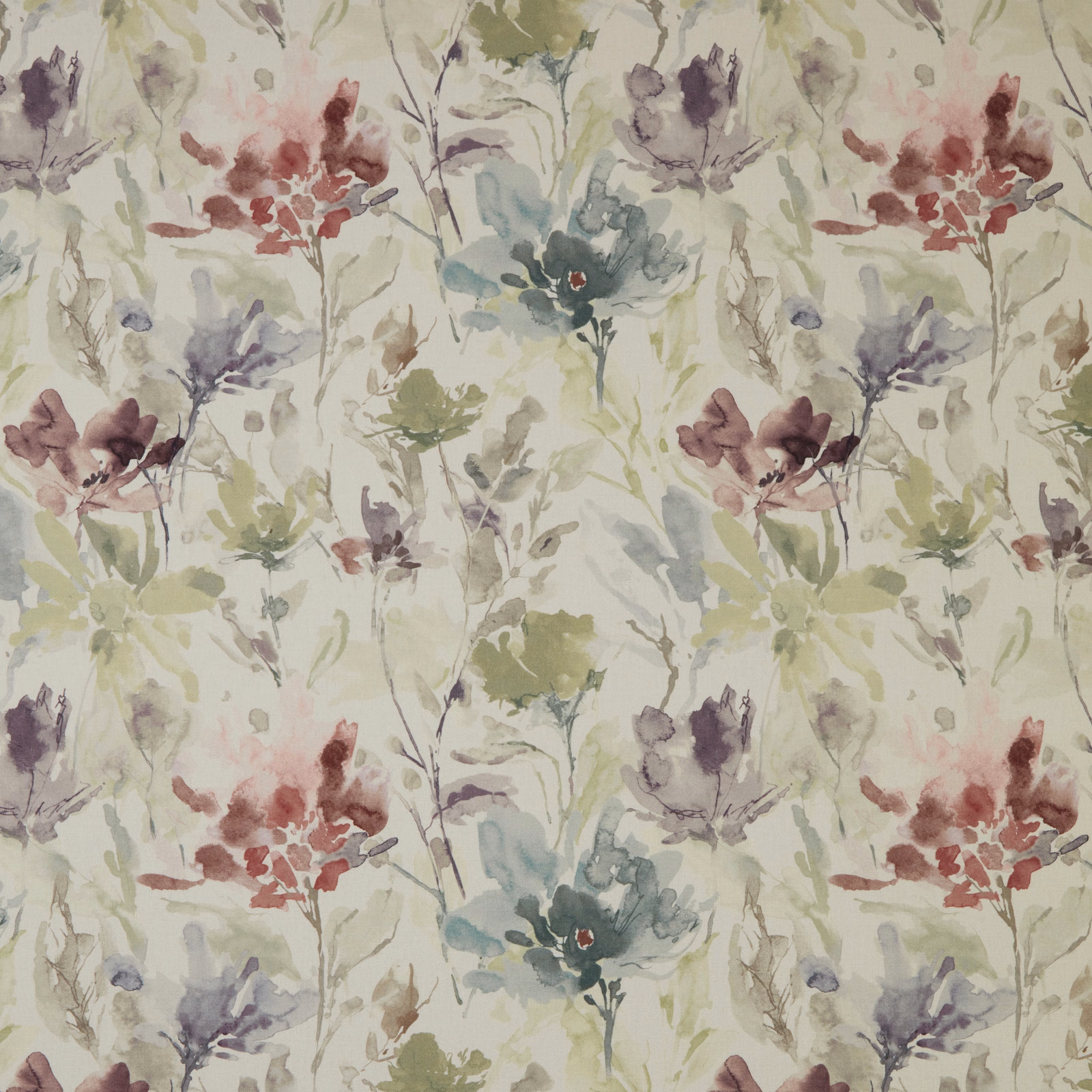 Painterly floral cotton fabric with eucalyptus green, blush and mauve flowers