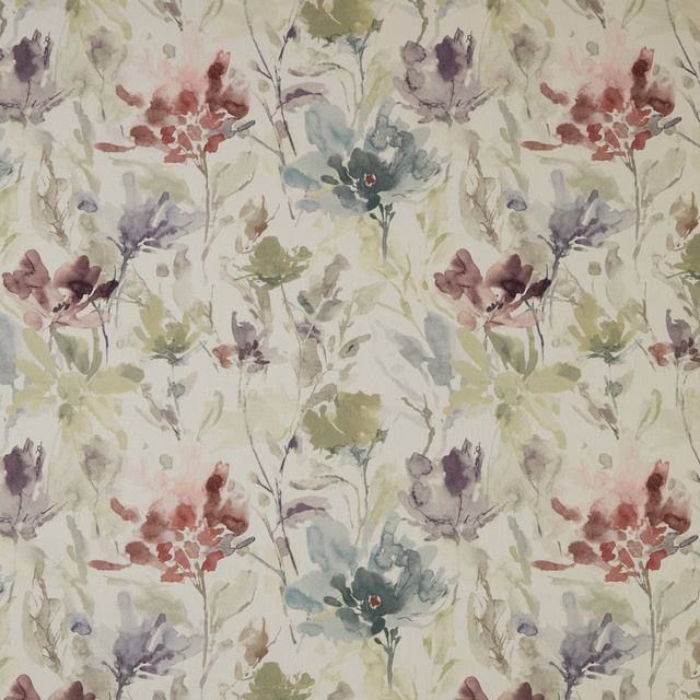 Painterly floral cotton fabric with eucalyptus green, blush and mauve flowers