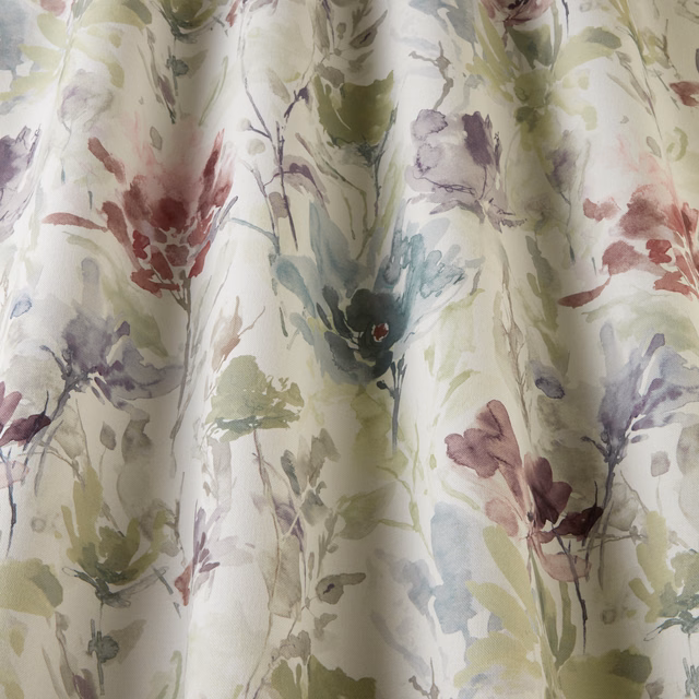 Painterly eucalyptus green floral cotton fabric with mauve and blush accents