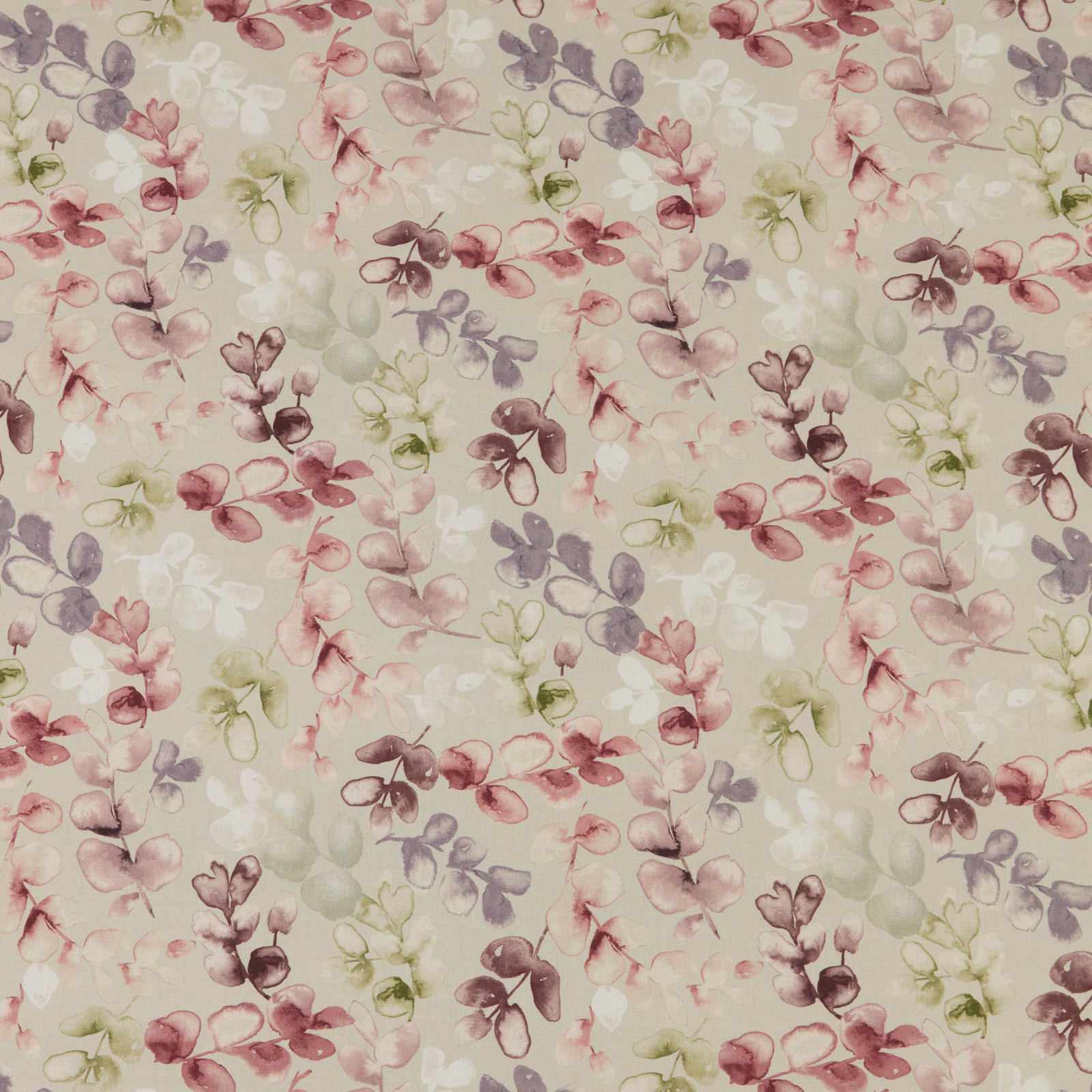 Soft botanical print with eucalyptus green, blush pink and lilac leaves on ivory cotton