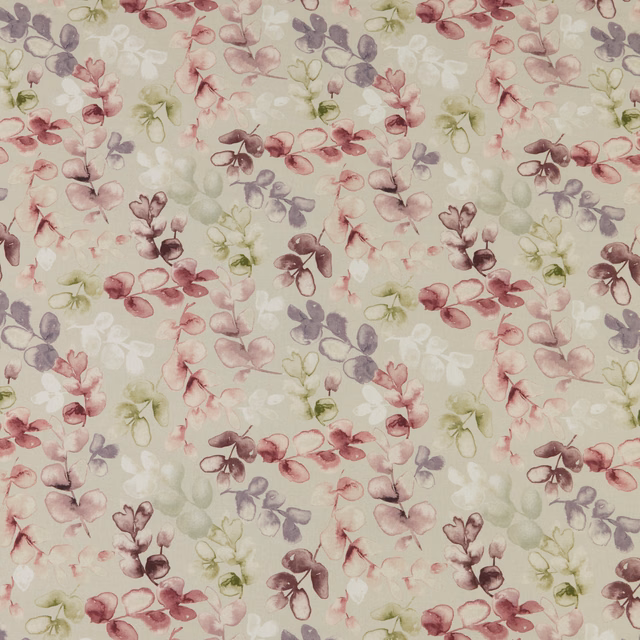 Soft botanical print with eucalyptus green, blush pink and lilac leaves on ivory cotton
