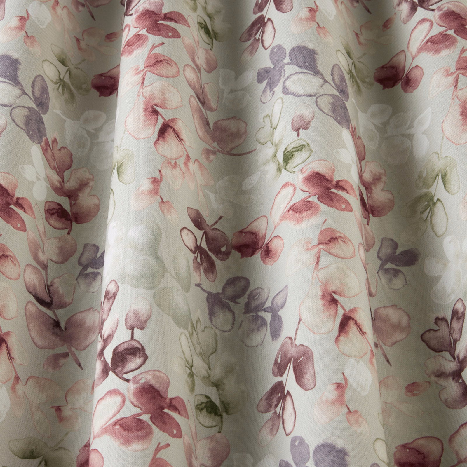 Pale eucalyptus green floral cotton fabric with blush, mauve and sage wavy print