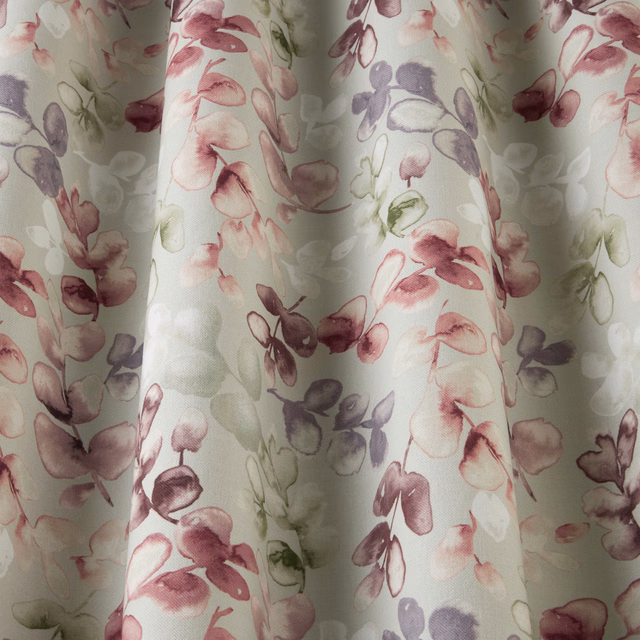 Pale eucalyptus green floral cotton fabric with blush, mauve and sage wavy print