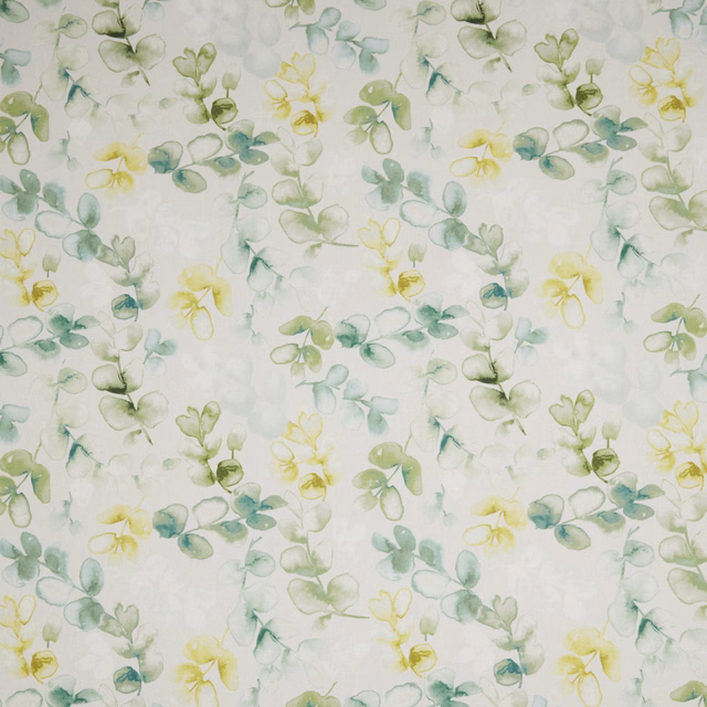 Watercolour jade and lemon botanical print on a pale ivory cotton ground