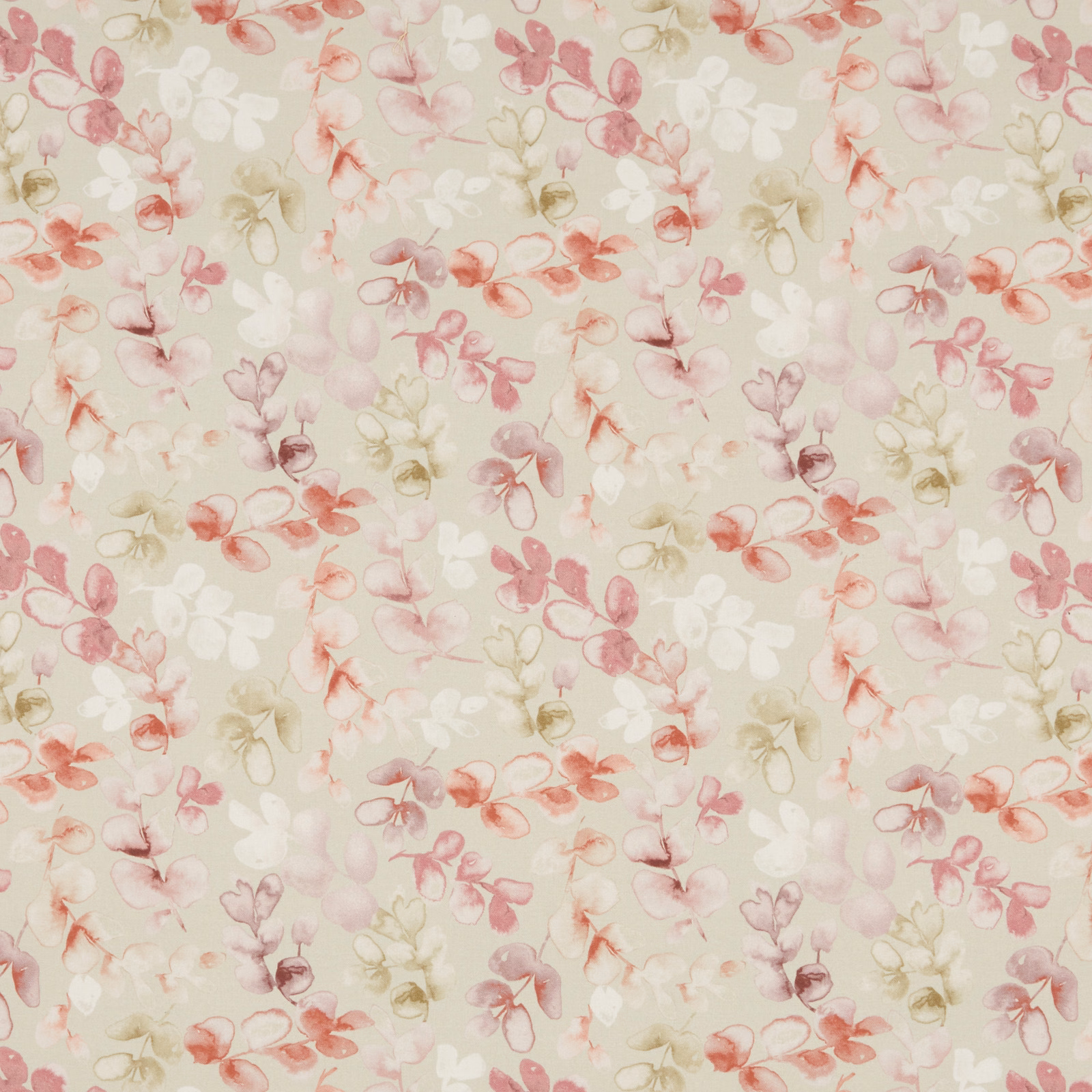 Soft pink and cream watercolour floral cotton fabric with a gentle repeating meadow motif