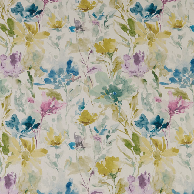 Painterly floral cotton fabric with jade, teal, lilac and yellow-green blossoms on ivory