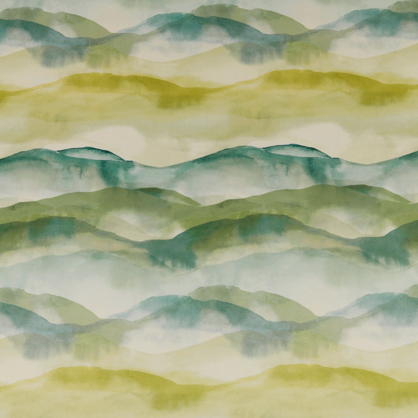 Painterly watercolour hills in citrus green, teal and cream on cotton fabric
