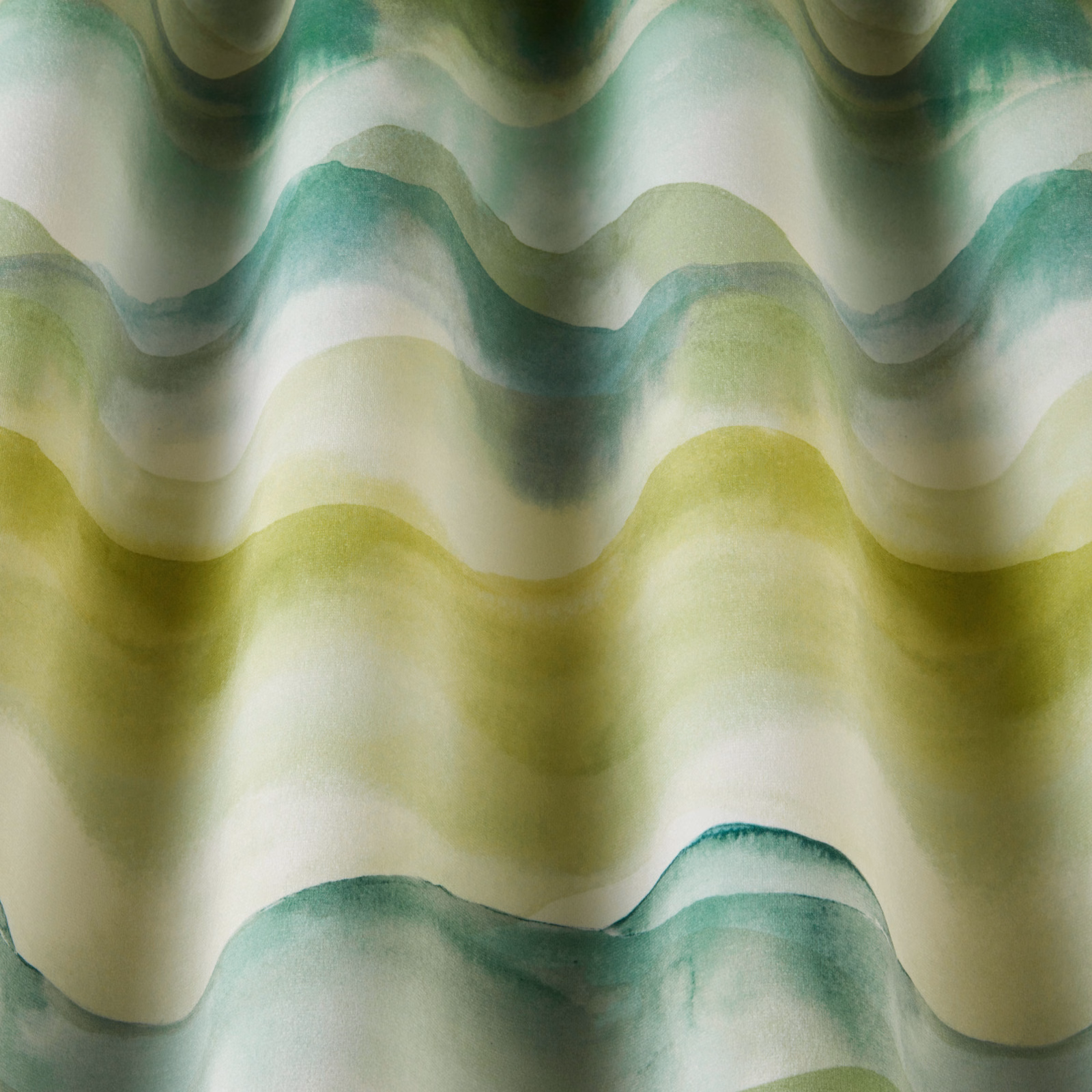 Abstract wavy cotton fabric in citrus green, teal and cream bands