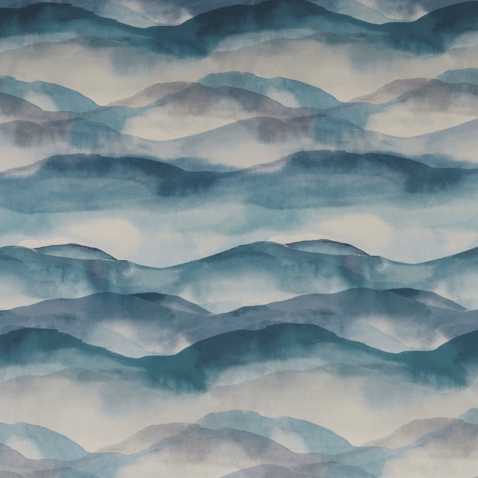 Abstract layered landscape fabric in cobalt, teal and misty blue bands