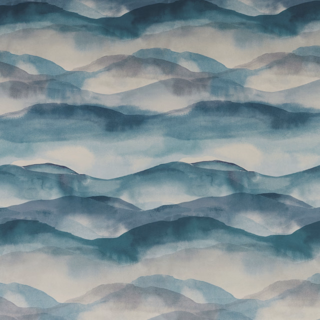 Abstract layered landscape fabric in cobalt, teal and misty blue bands