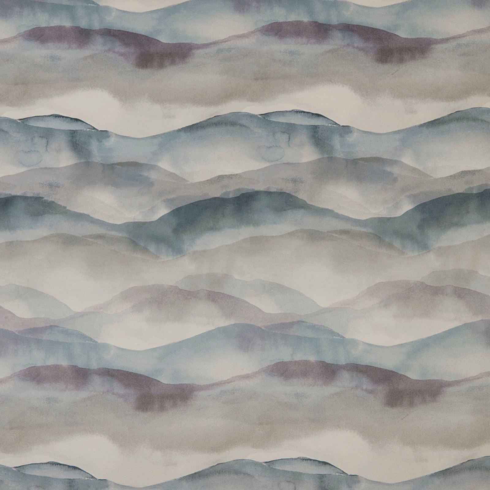 Painterly cotton fabric with rolling cornflower blue and misty lilac landscape bands