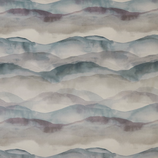 Painterly cotton fabric with rolling cornflower blue and misty lilac landscape bands