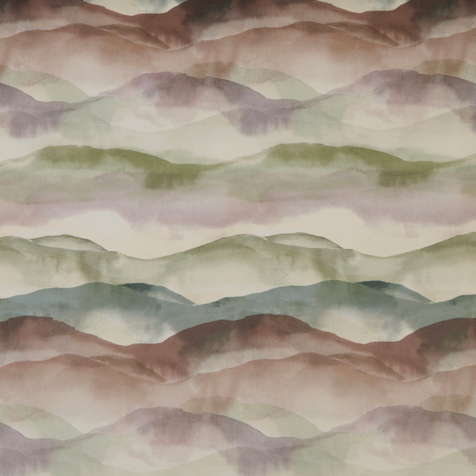 Painterly landscape cotton fabric with misty eucalyptus green and lilac hills
