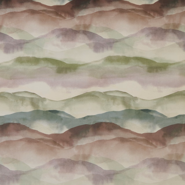 Painterly landscape cotton fabric with misty eucalyptus green and lilac hills