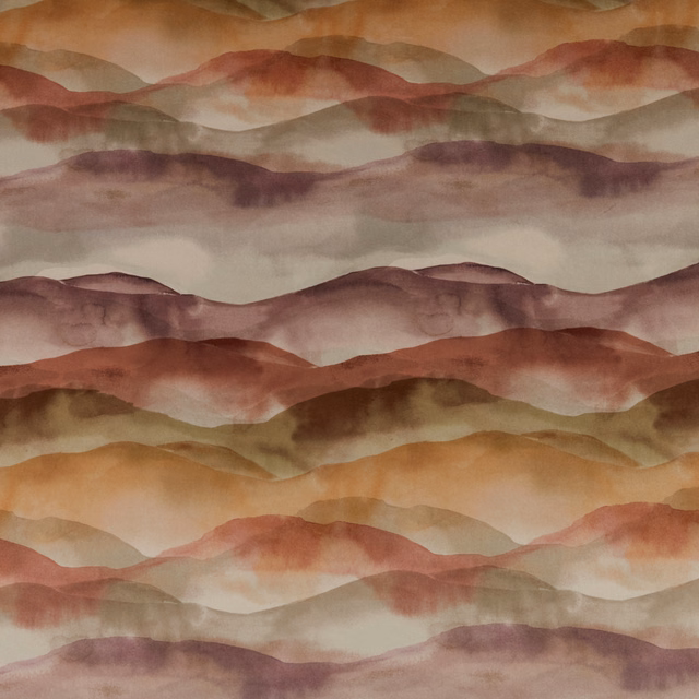 Abstract landscape fabric swatch in muted rosewood, blush and taupe bands