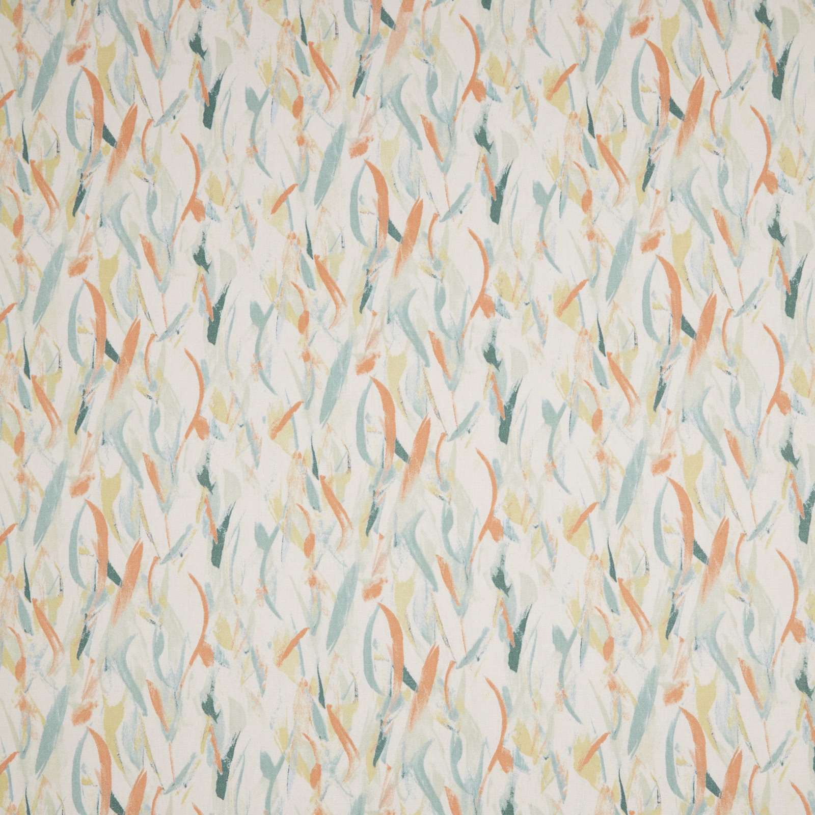 Cream cotton fabric with coral, sage and aqua painterly leaf strokes