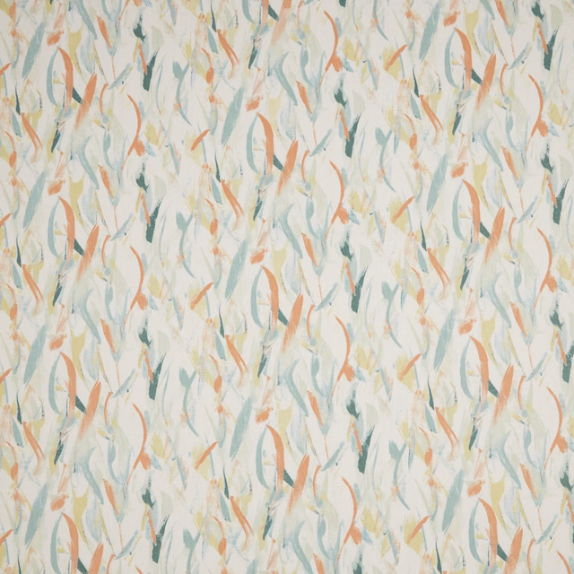 Cream cotton fabric with coral, sage and aqua painterly leaf strokes