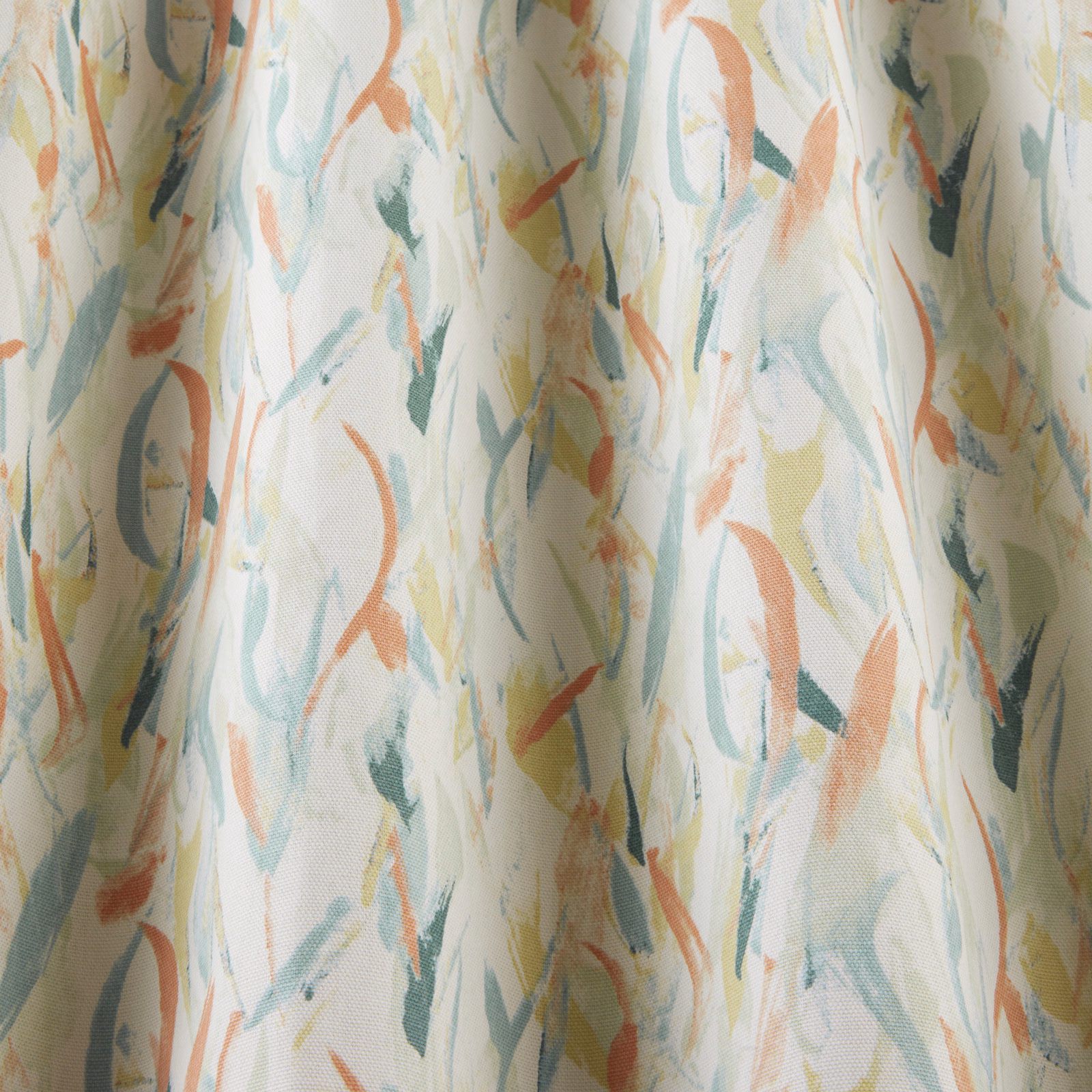 Painterly clementine, aqua and sage wavy strokes on an ivory cotton ground