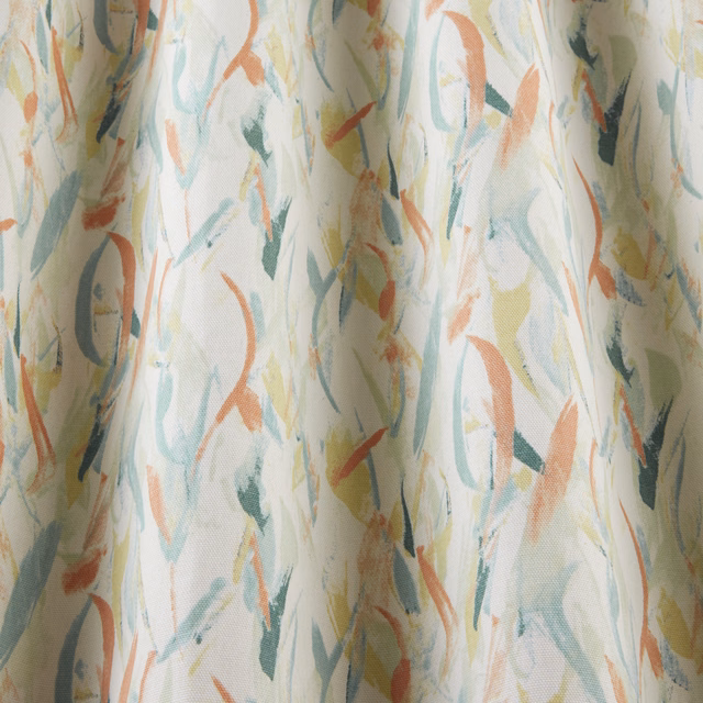 Painterly clementine, aqua and sage wavy strokes on an ivory cotton ground