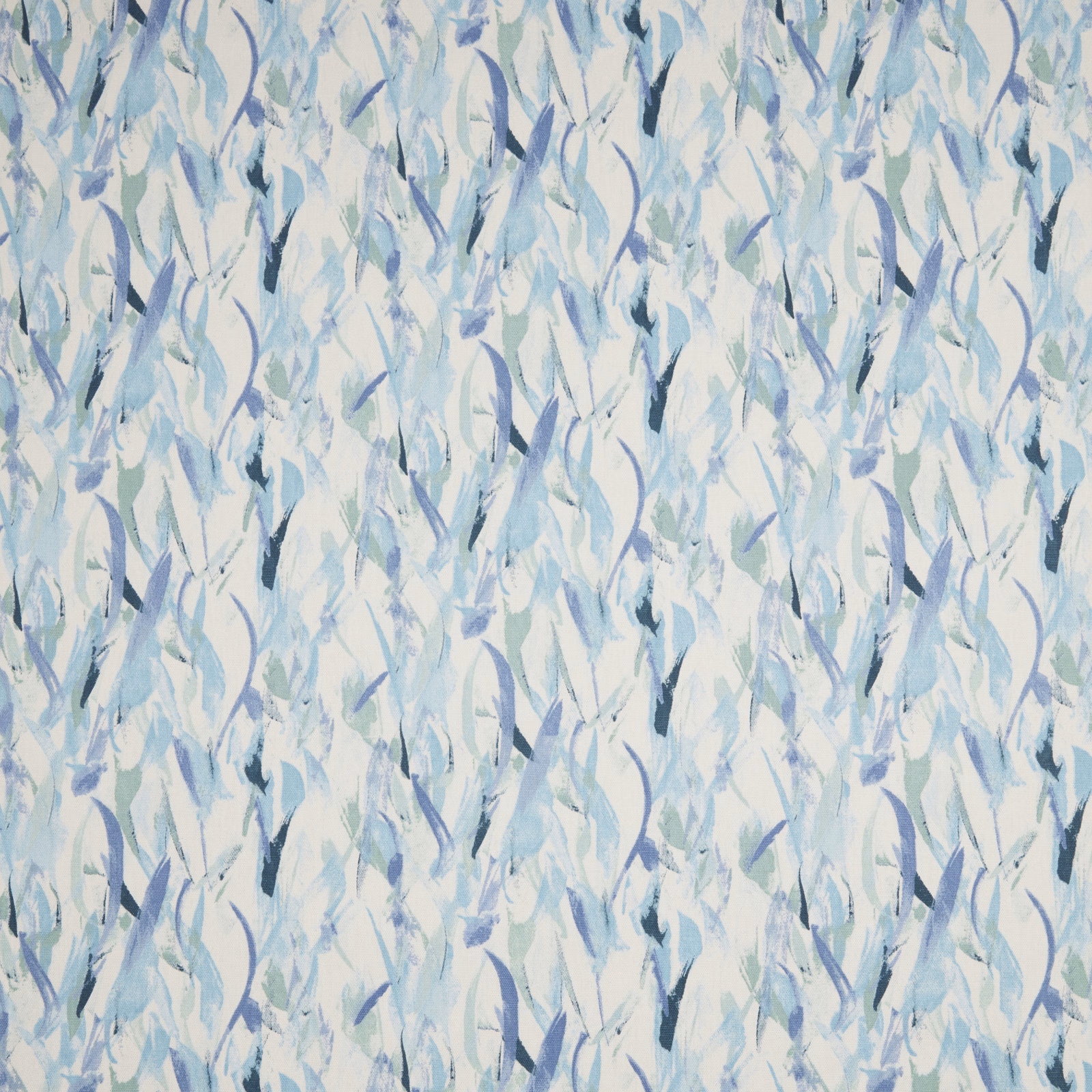 Abstract cotton fabric with soft cobalt, aqua and sage brushstrokes on a pale ground