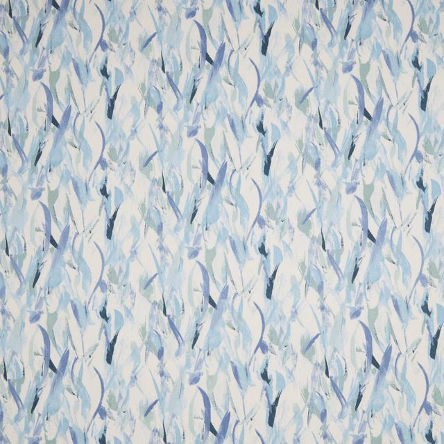 Abstract cotton fabric with soft cobalt, aqua and sage brushstrokes on a pale ground