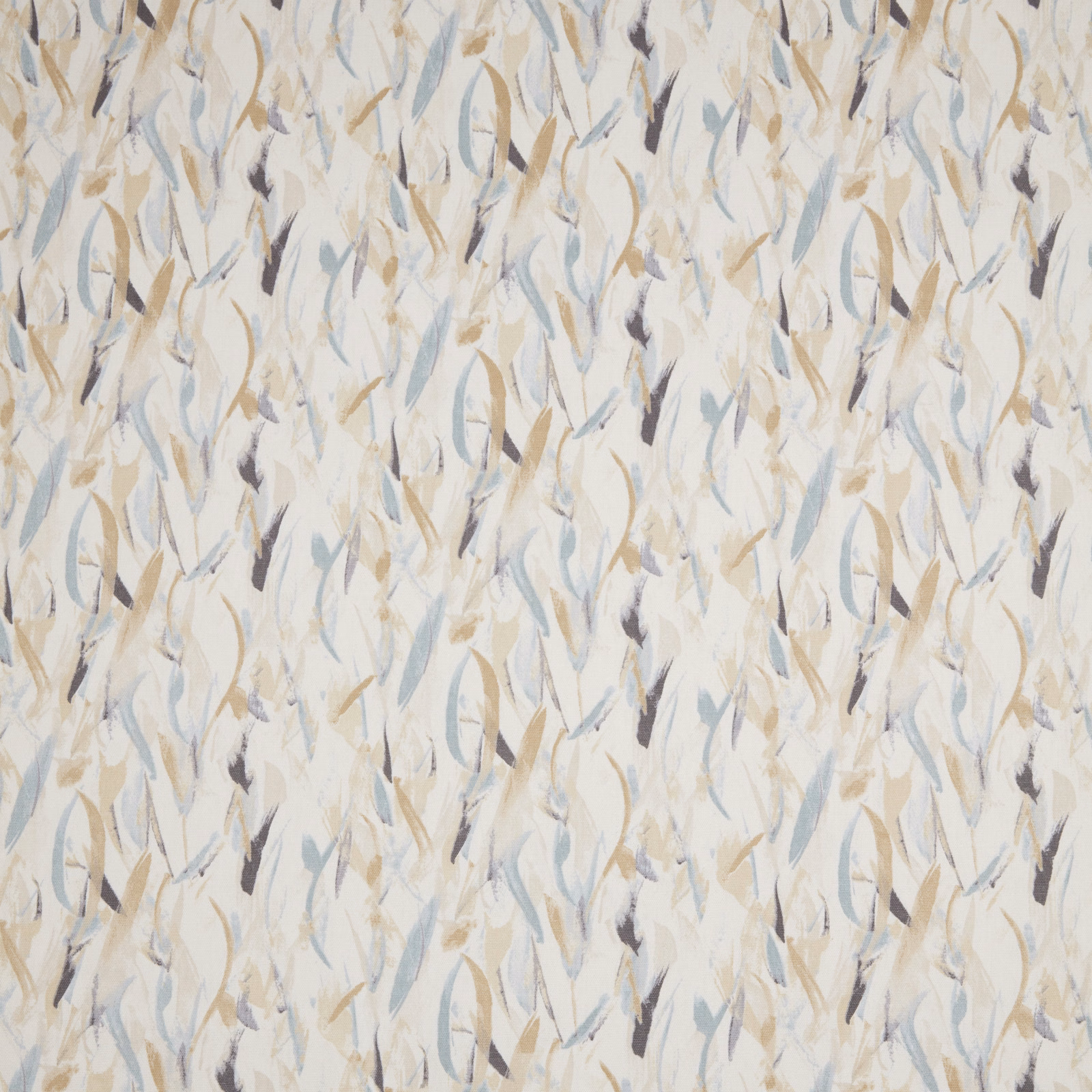 Abstract painterly leaf marks in cornflower blue, beige and grey on a pale cotton ground