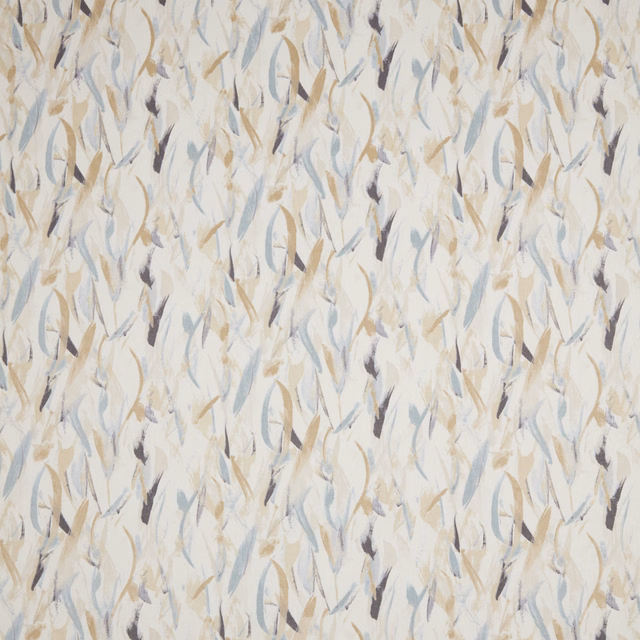 Abstract painterly leaf marks in cornflower blue, beige and grey on a pale cotton ground