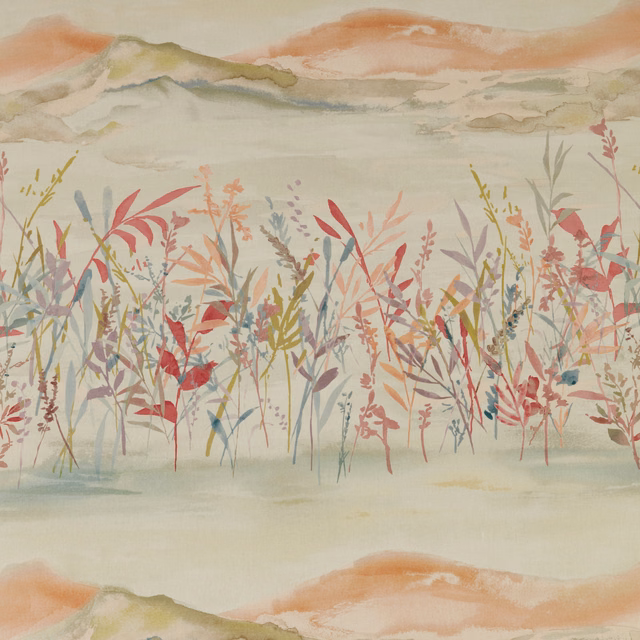 Painterly meadow fabric with coral, blush and sage stems on a creamy ground