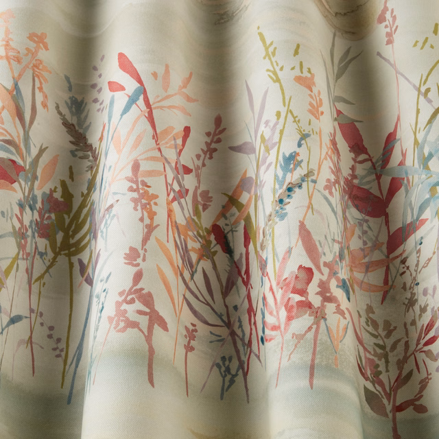 Cream cotton fabric with painterly meadow stems in coral, teal and sage