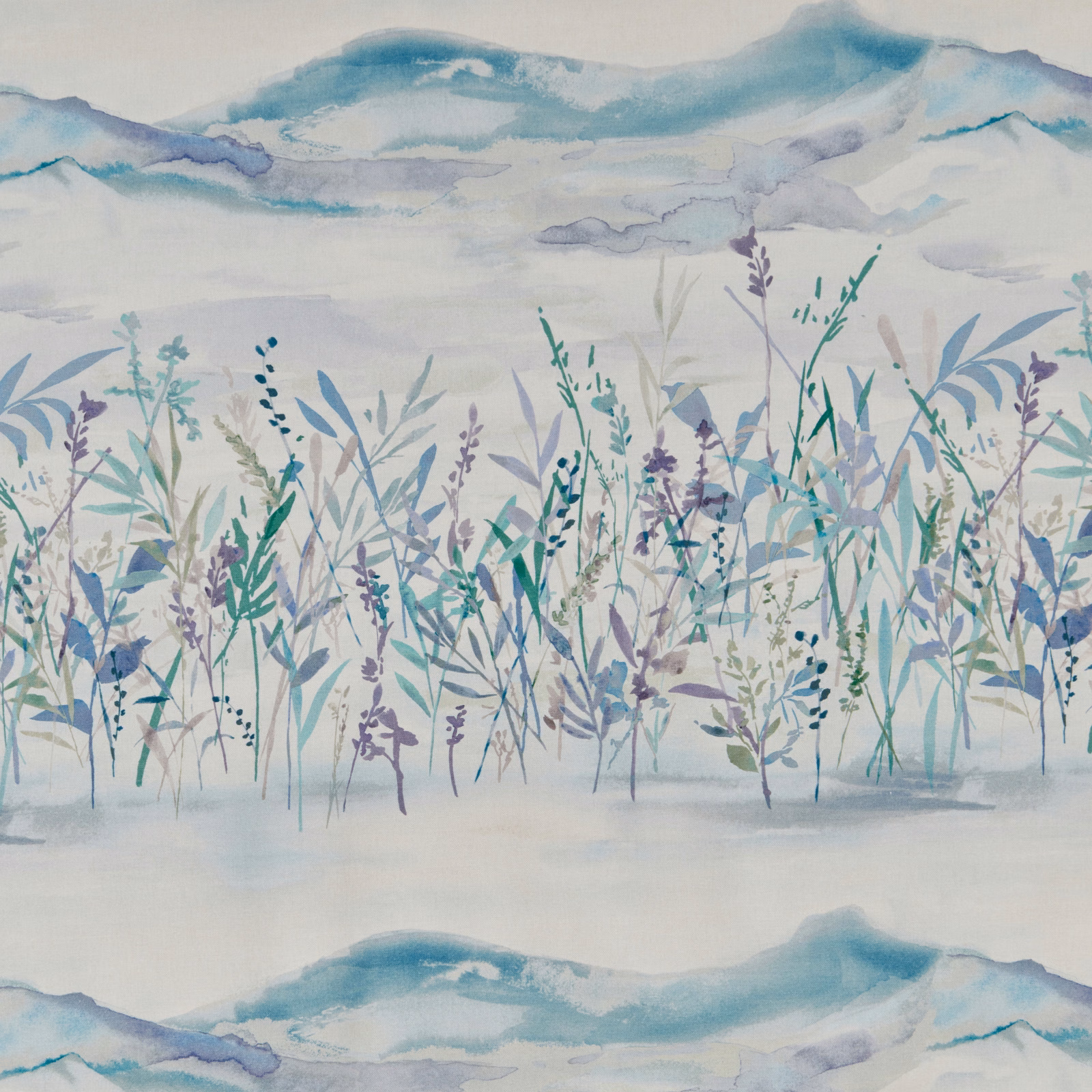 Watercolour meadow print in cobalt, aqua and lilac on a pale cotton ground