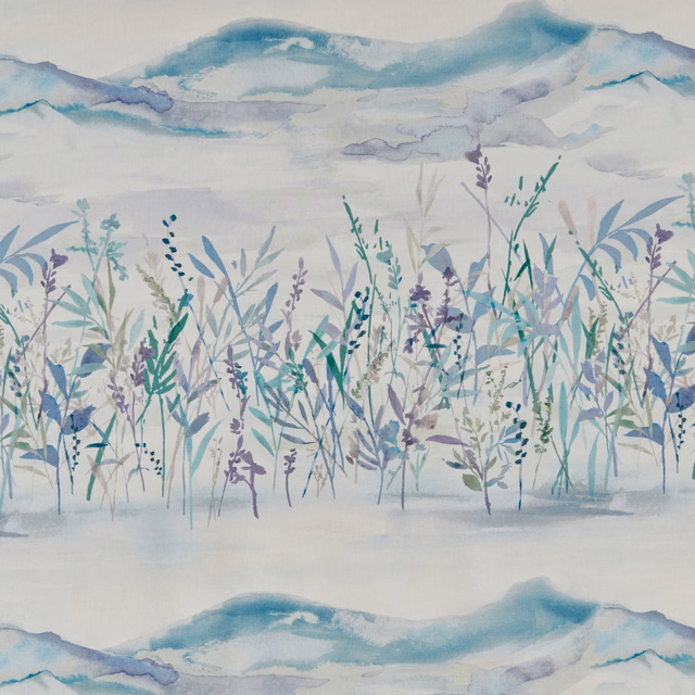 Watercolour meadow print in cobalt, aqua and lilac on a pale cotton ground