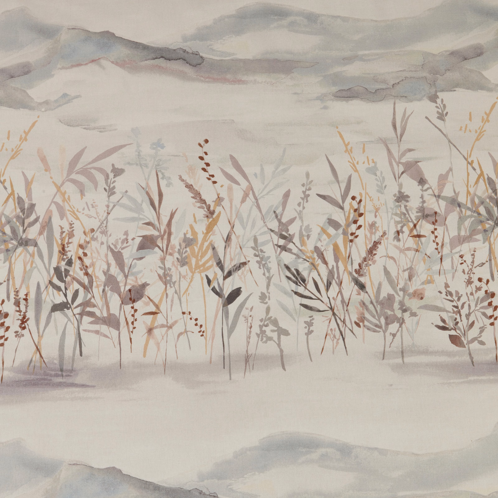 Painterly marsh grass fabric in soft cornflower blue, taupe and misty grey