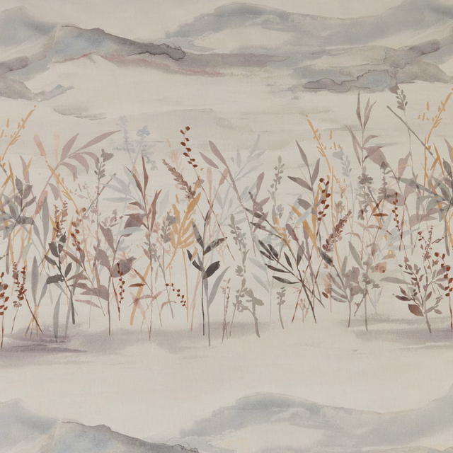Painterly marsh grass fabric in soft cornflower blue, taupe and misty grey