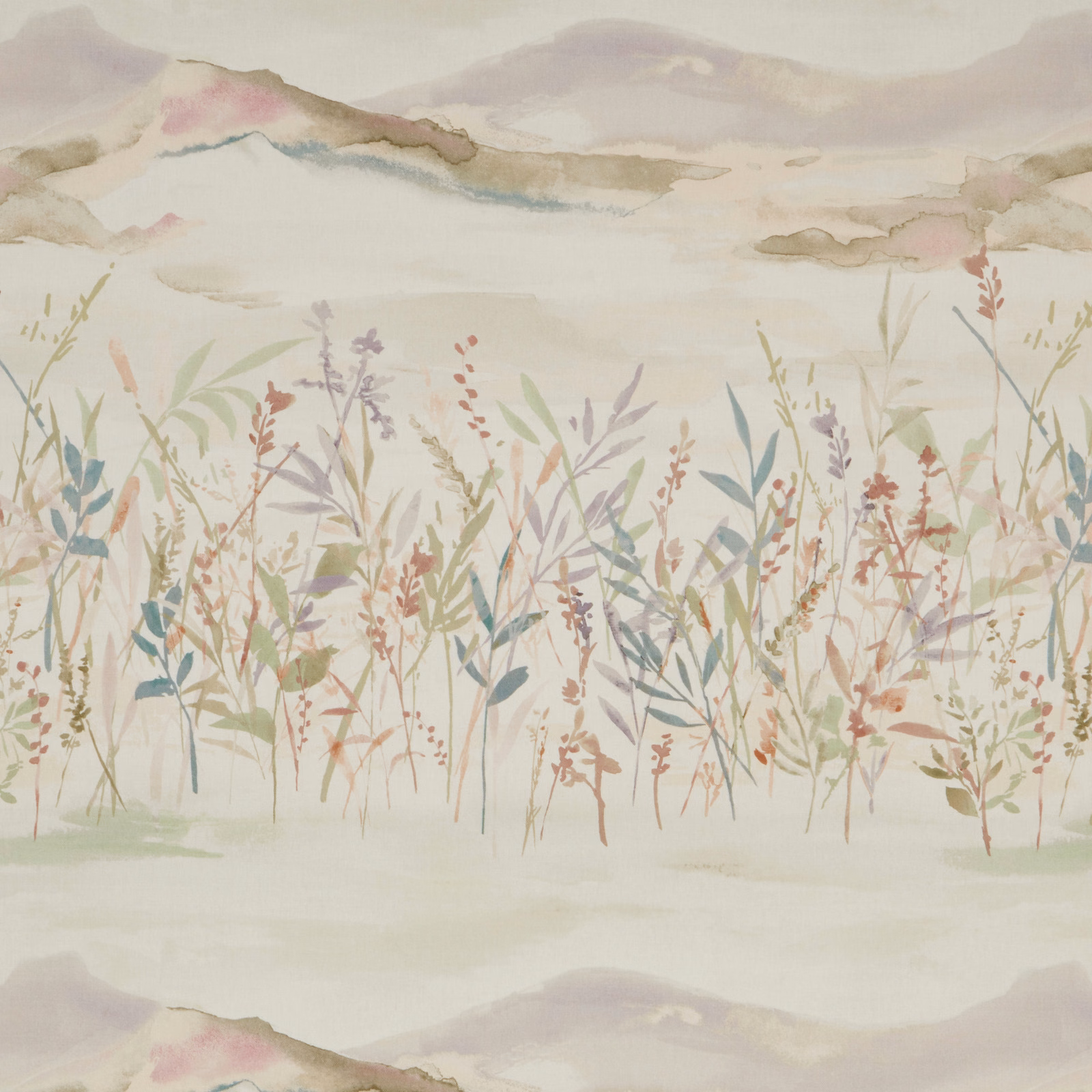 Painterly meadow print on pale ground with eucalyptus green stems and soft pastel flowers