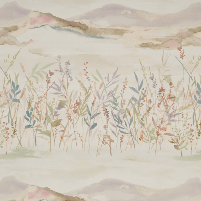 Painterly meadow print on pale ground with eucalyptus green stems and soft pastel flowers