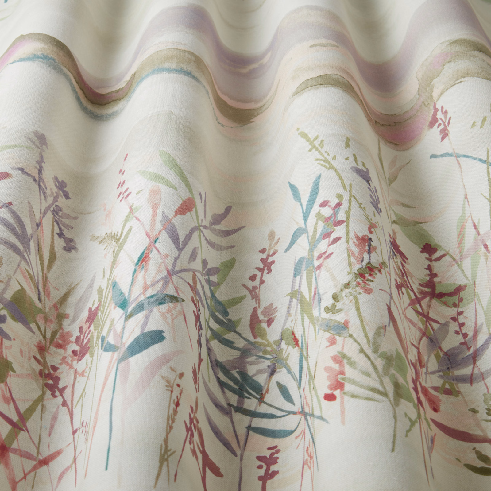 Pale cotton fabric with wavy meadow print in eucalyptus, lilac and blush