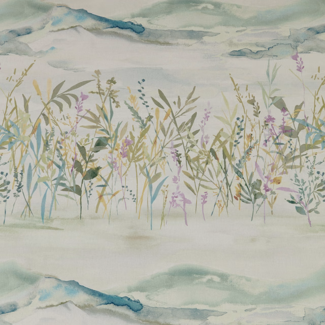 Watercolour meadow grasses in jade, sage and lilac on a pale ground