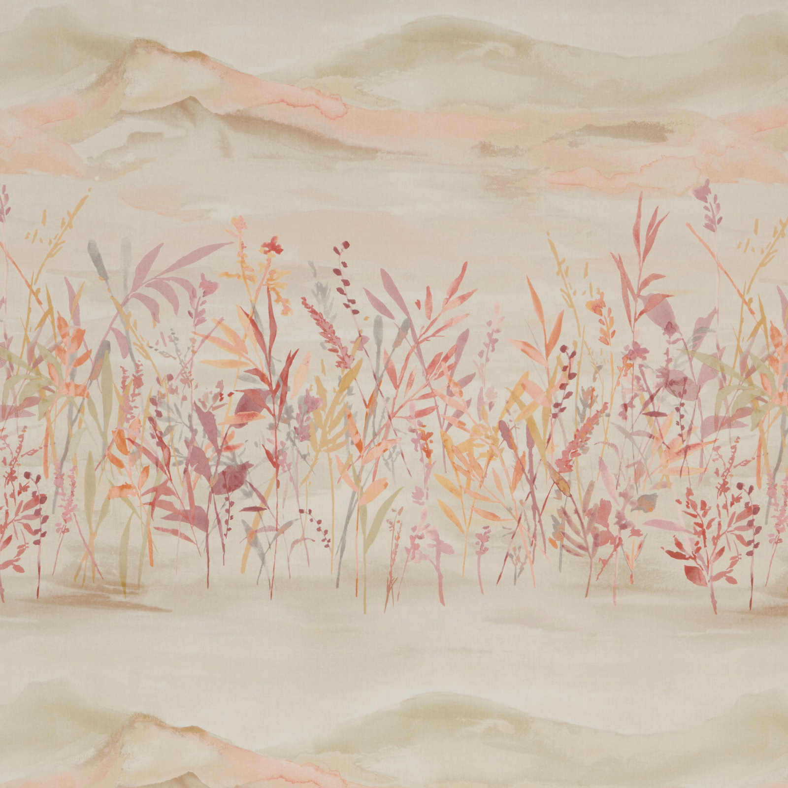 Painterly meadow print with blush pink grasses on a pale cream cotton ground