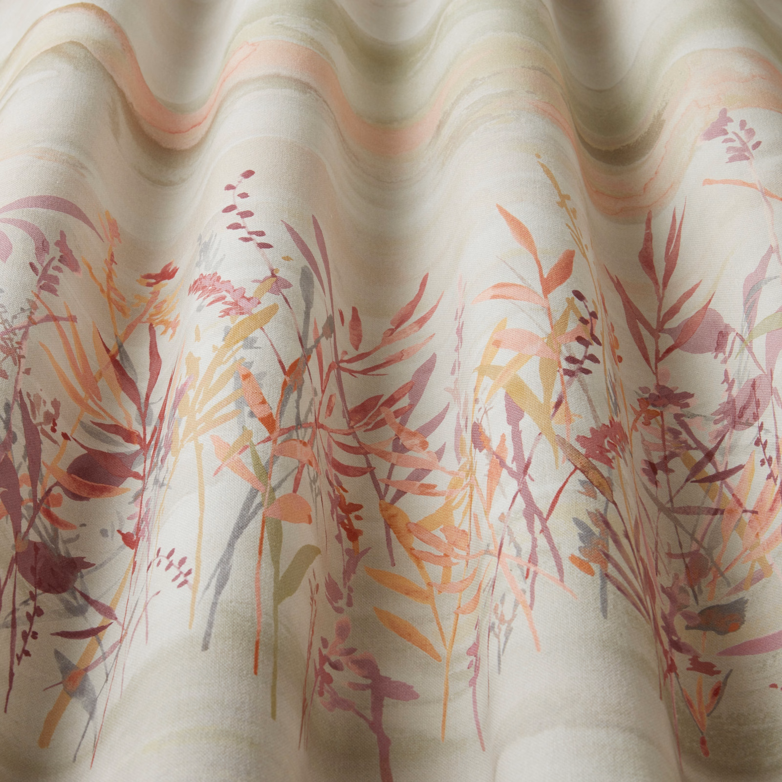 Painterly rosewood and blush botanical print on a warm ivory cotton ground