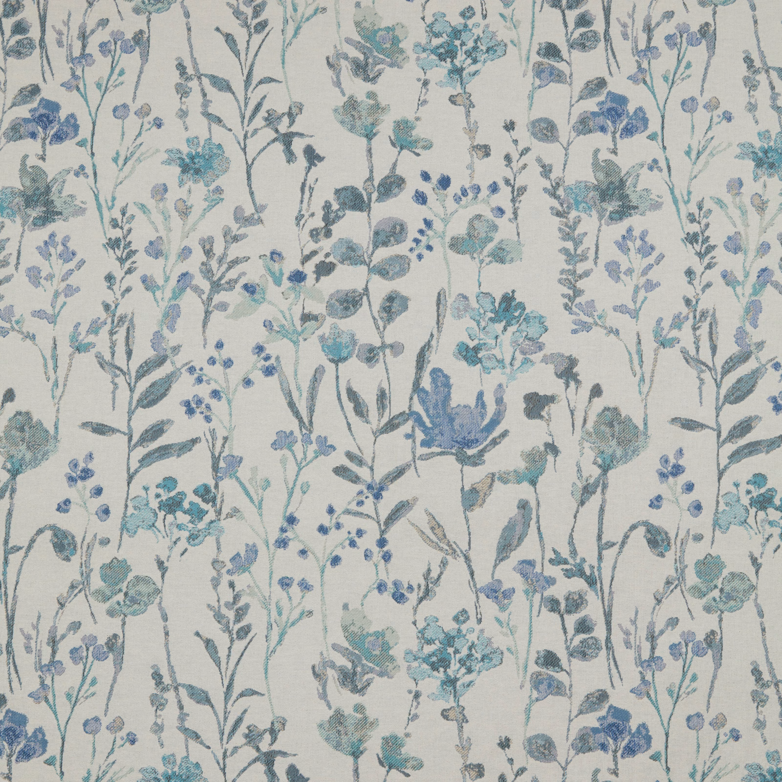 Pale botanical cotton fabric with cobalt and teal meadow stems
